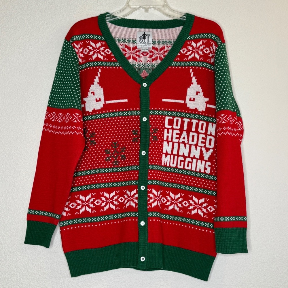 ELF Button Up V Neck Ugly‎ Christmas Cardigan Sweater MEDIUM Unisex NWOT